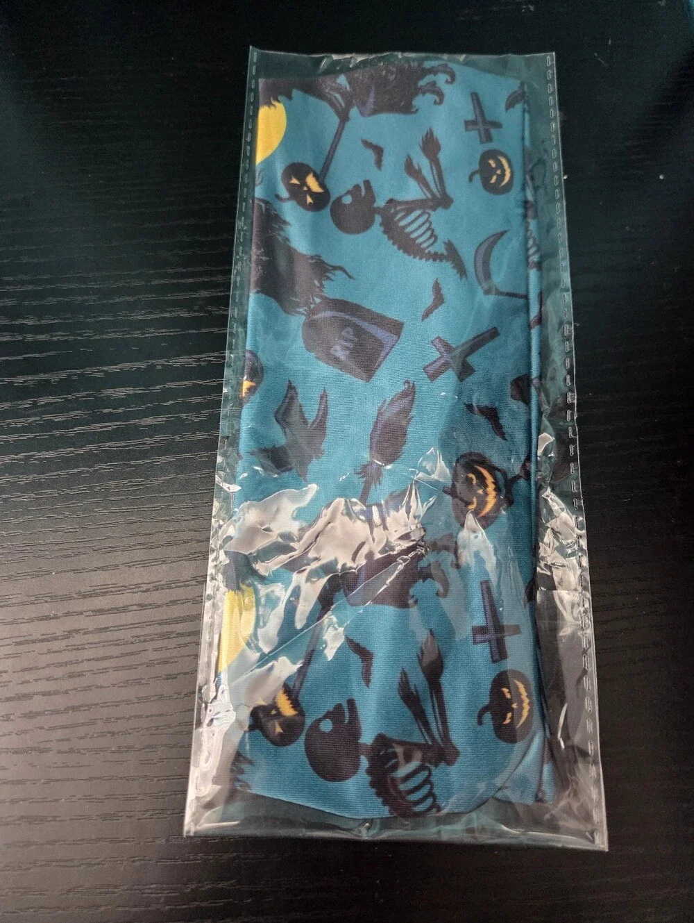 Halloween Print Teal Handsewn Stretch Headband with Black and Yellow Accents